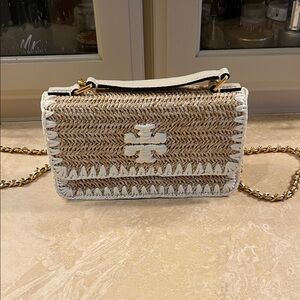 Tory Burch Woven Crossbody Bag in Tan and White